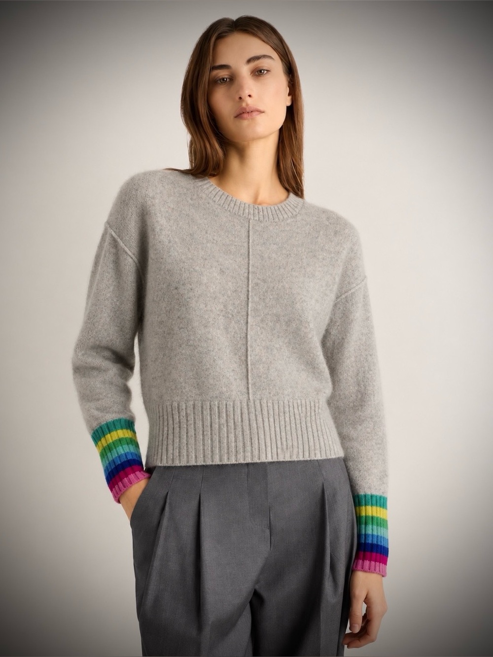 Alashan 100% Cashmere Gray Rainbow Stripe Cuff Crewneck Sweater Sz S Cozy Chic